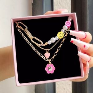 Zara 3-layer Smiley Face Pearl Beads Multilayer Heart Flower Chain Yin Yang